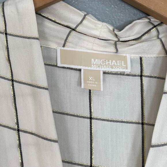 Michael Kors Shirt Size XL Ivory Windowpane Plaid White Metallic Gold Popover - Picture 6 of 10